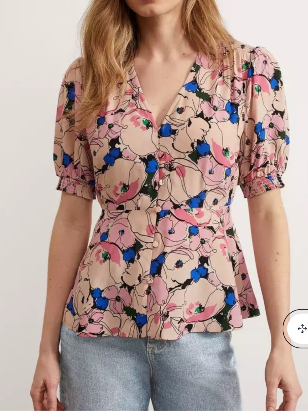 Hobbs London Worthington Blouse Pink Floral V-Neck Button Front Peplum Top